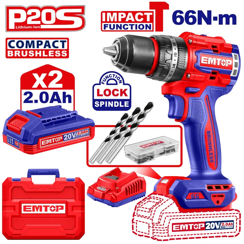 Taladro Impacto Inalambrico 20v 66nm (110v-120v 50/60hz) (2 Baterias + Cargador) Emtop