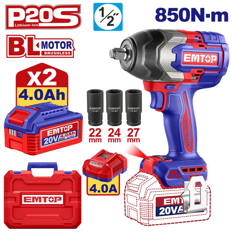Llave De Impacto Inalambrico 1/2 20v (110-120v~50/60hz) (2 Baterias + Cargador) Emtop 850 Nm — vista 2