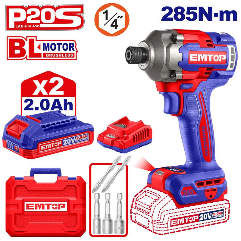Llave De Impacto Inalambrico 1/4 20v (110-120v~50/60hz) (2 Baterias + Cargador) Emtop 285nm — vista 2